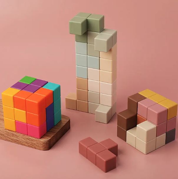 Magic OEM ODM 7pc Cube Shape Bpa Free Food Grade Silicone Stacking Toy ECO Baby Molar Teething Teether Toys