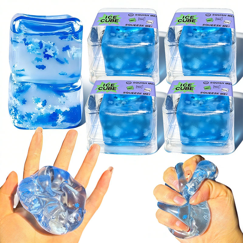 Sensory Fidget Toy Ice Cube Squishy with Snowflake Glitter for Sensory and Anxiety Relief